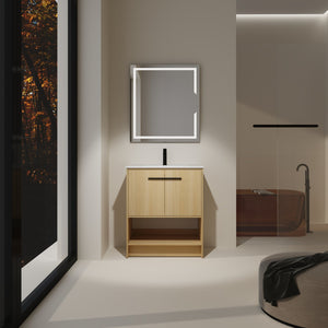 English Elm 30" Bathroom Vanity With Integrated Ceramic Sink, Soft-Close Doors & Open Shelf For Easy Storage W1972S00017