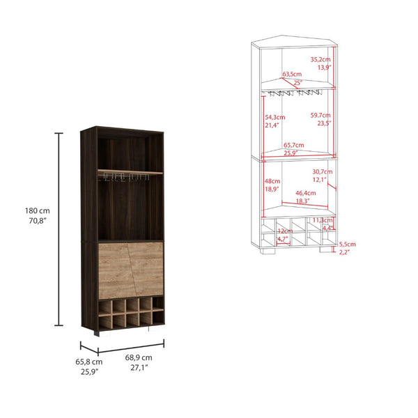 English Elm Fraktal Corner Bar Cabinet with Wine Rack Open Shelves Dark Oak Pine Wood B200S00407