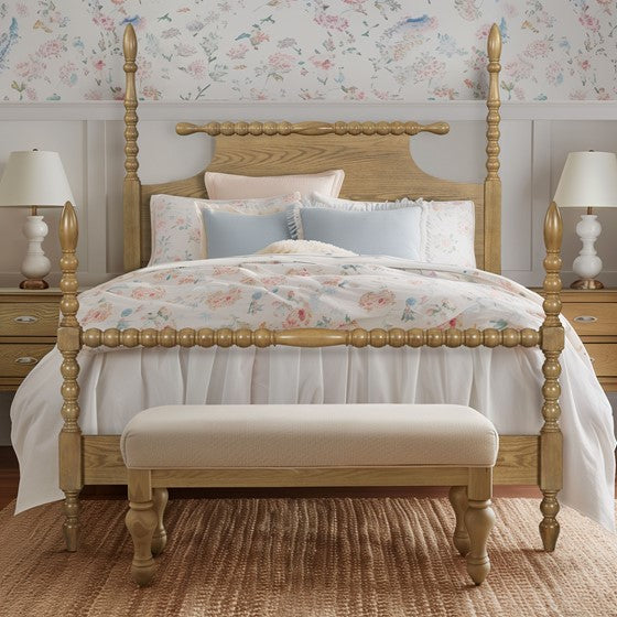 English Elm Bed Natural Queen Solid Wood Camel Oak Platform Bed with Turned Legs, 500lb Capacity, Queen Size B035S00063