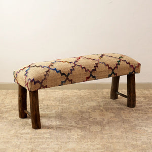 English Elm Decorative Handcrafted Suzani Embroidered Foot Stool with Foam Filling and Dark Wood Finish Accent Beige B346P320748