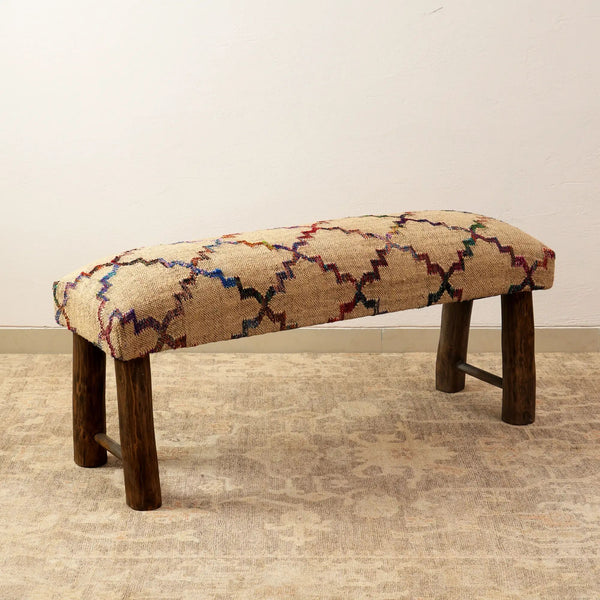 English Elm Decorative Handcrafted Suzani Embroidered Foot Stool with Foam Filling and Dark Wood Finish Accent Beige B346P320748