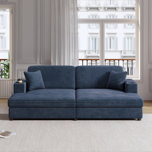 English Elm 86.5" Oversized Loveseat Chaise Lounge Sectional Sofa Bed Corduroy with USB Ports, Cup Holders & Pillows Blue N719P232602C