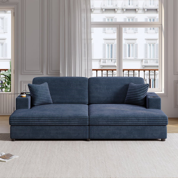 English Elm 86.5" Oversized Loveseat Chaise Lounge Sectional Sofa Bed Corduroy with USB Ports, Cup Holders & Pillows Blue N719P232602C