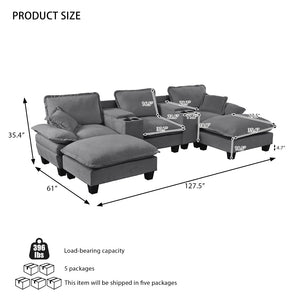 English Elm Modular Cloud Sectional U-shape Chenille Sofa with Storage Ottoman and Usb Charging Grey W3163S00130