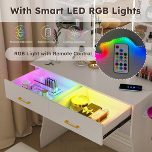 English Elm Vanity LED RGB Dressing Table with Power Outlets, Large Storage Drawers, 3 Light Modes & Stool W509P297013