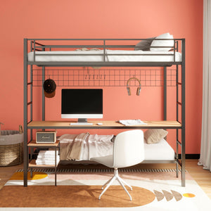 English Elm Metal Full Over Twin Bunk Bed with Integrated Desk Powder Coated Steel Frame Matte Black B016P464447