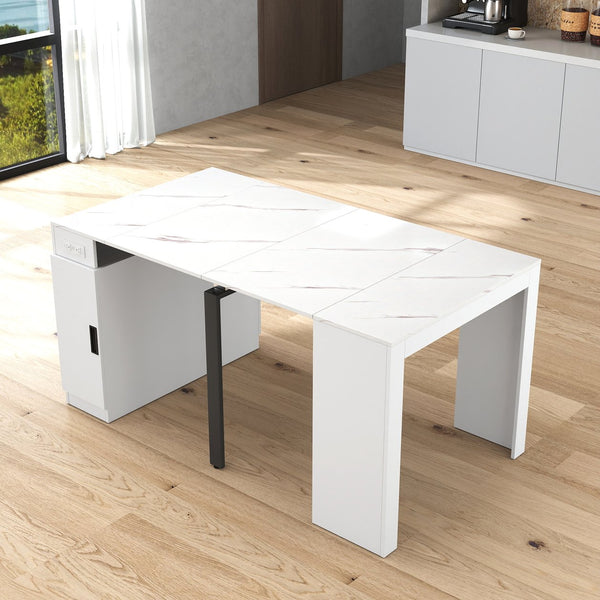 English Elm Modern Expandable Dining Table with Built-In Outlet, 5-Panel Extendable Space-Saving Design for Gatherings White W331S00193