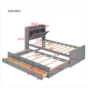 English Elm Twin Storage Bed with Headboard Outlets, Extendable Trundle & 3 Drawers, Durable MDF/Plywood Design Gray 45.5 L x 21.5 W x 8 H N733S172839E