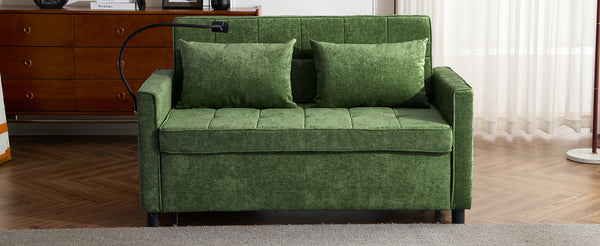 English Elm 56.9" Loveseat Sofa Bed with Chenille Upholstery, USB Ports, Phone Holder, Side Pockets, Reclining Backrest Green N719P208853F