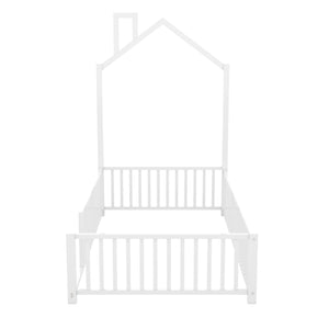 English Elm Twin House Metal Platform Bed with Guardrail & Chimney, White — Kids Playful Frame, Safe Sleep Design N709P203151K