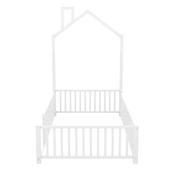 English Elm Twin House Metal Platform Bed with Guardrail & Chimney, White — Kids Playful Frame, Safe Sleep Design N709P203151K