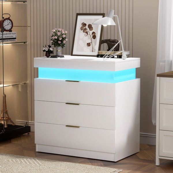 English Elm Nightstand with Built-in Charging Station Rgb Led Lighting and Sliding Top Drawer White W1162P246395