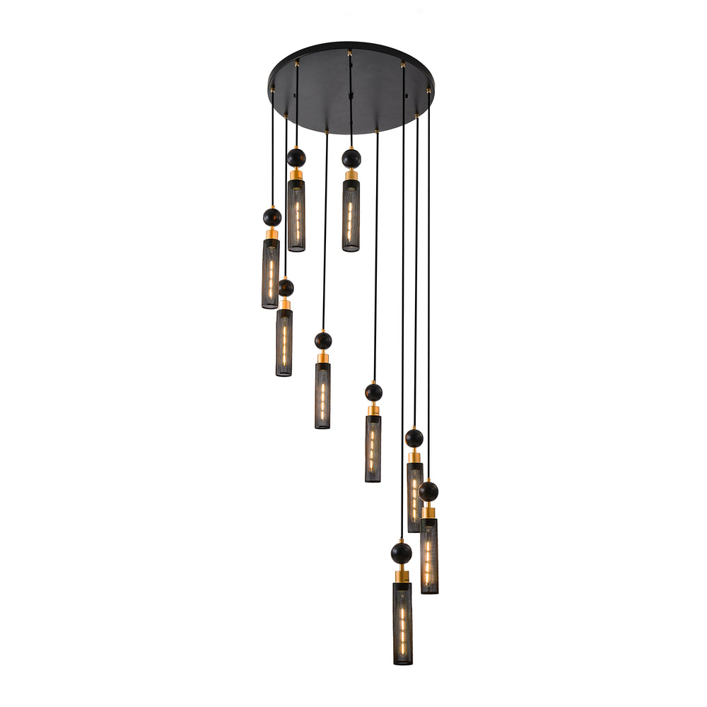 English Elm 24" Modern Industrial 9-Light Pendant Chandelier — Black & Gold Iron Mesh Shades, Adjustable Ceiling Fixture for Living Room Dining Staircase W1340P233176