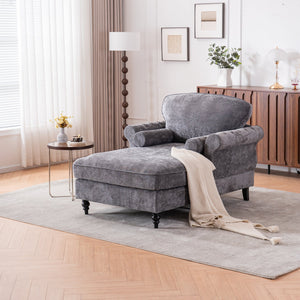 English Elm [New] Oversized Chaise Lounge Indoor Chenille Sleeper Recliner Armchair with Wide Foam Seat & Pillows DARK GREY W2363S00085