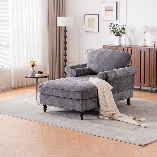 English Elm [New] Oversized Chaise Lounge Indoor Chenille Sleeper Recliner Armchair with Wide Foam Seat & Pillows DARK GREY W2363S00085