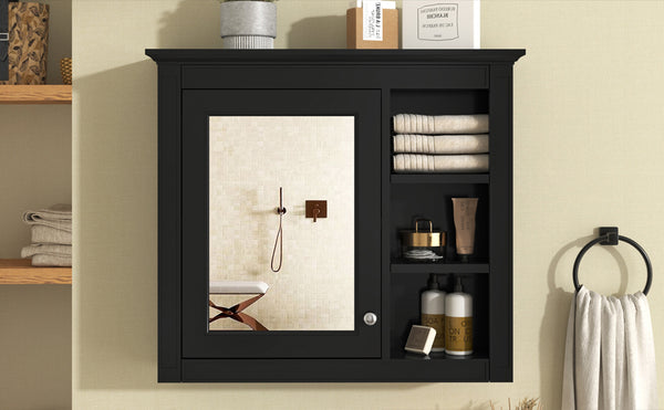 English Elm 30'' Modern Medicine Cabinet with Mirror and Adjustable Shelves, MDF Wall-Mounted Bathroom Storage Solution Black N710P192495B