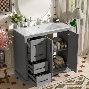 English Elm 36" Modern Bathroom Vanity with Ceramic Sink, Soft-Close Doors, 3 Drawers & Ample Storage for Small Baths Gray N729P280194E