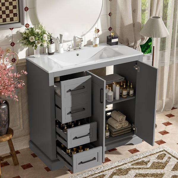 English Elm 36" Modern Bathroom Vanity with Ceramic Sink, Soft-Close Doors, 3 Drawers & Ample Storage for Small Baths Gray N729P280194E