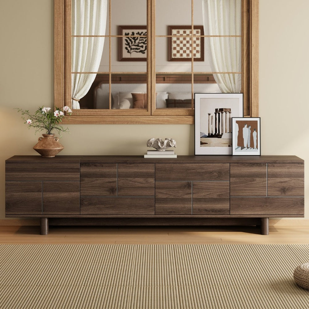 English Elm 78 Inch Low Profile Media Console with Pine Legs Soft Close Doors for Living Room N710P429519Q