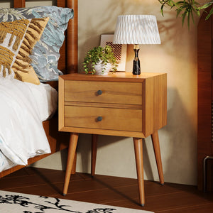 English Elm Christopher Knight Home® - Nightstand with 2 Drawers Mid-Century Acacia Wood, Splayed Legs, Brass Hardware, Easy-Glide Storage Natural 20.5 L x 17.5 W x 14.75 H N761P180219A