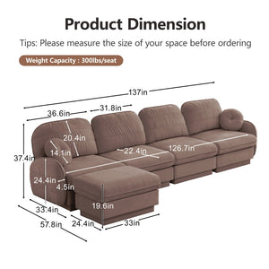 English Elm 137" Oversized Chenille Sectional Sofa with Movable Ottoman and Quilted Cushions Rose Dust W714S01781