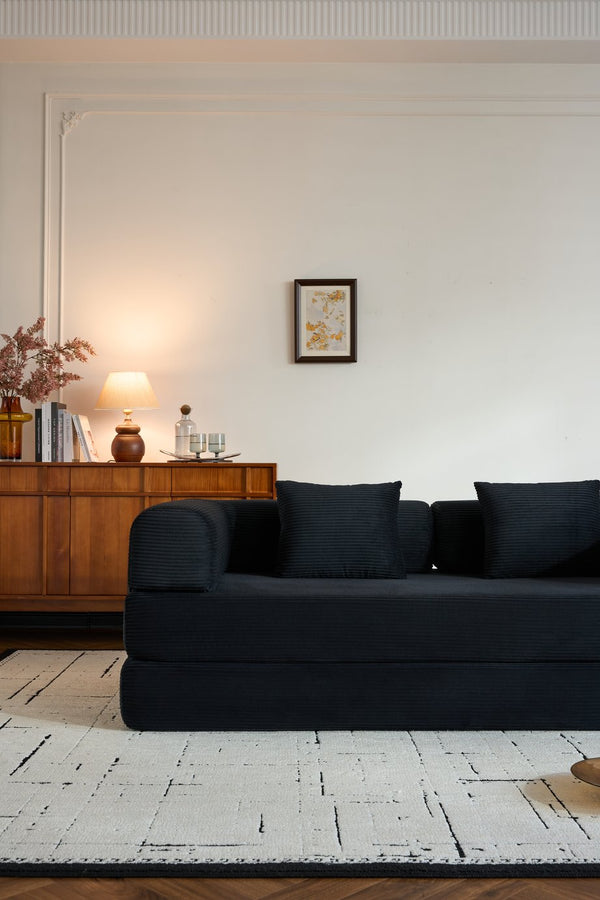 English Elm Convertible Sleeper Sofa Bed with Corduroy Upholstery, 4‑in‑1 Folding Couch Mattress, Space‑Saving Lounge Black W3434P346241