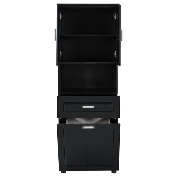 English Elm Tall Bathroom Cabinet with Tilt-Out Laundry Hamper, Adjustable Shelves, Anti-Tip Design & Large Storage Black WF323481AAB