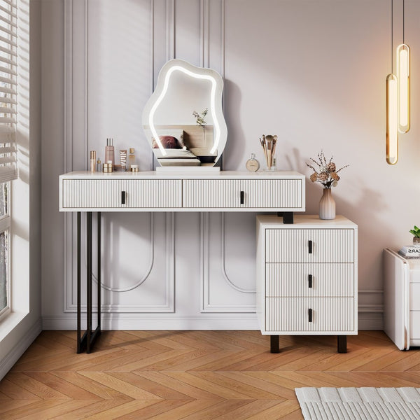English Elm Adjustable-length Makeup Vanity with Cloud Led Mirror Ribbed Drawers and Modular Storage W3767P441919