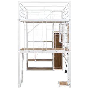 English Elm Twin Metal Loft Bed with Desk, Wardrobe & LED Lighting — Space-Saving Twin Loft with Storage Staircase GX000662AAK