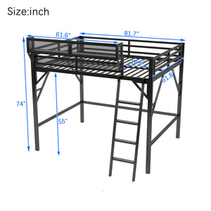 English Elm Queen Size Metal Loft Bed with Ladder and Built-In Storage Shelves, High Durable Black Frame, 400LB Capacity W2580P316650