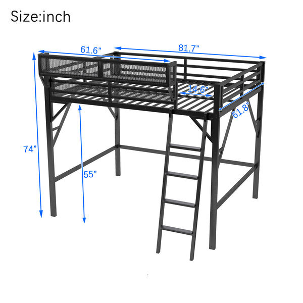 English Elm Queen Size Metal Loft Bed with Ladder and Built-In Storage Shelves, High Durable Black Frame, 400LB Capacity W2580P316650