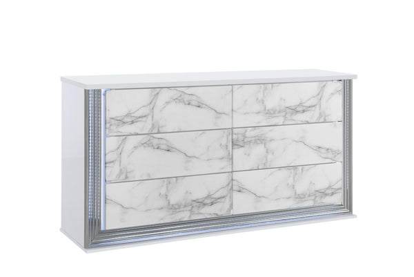English Elm MOON White Marble Dresser with LED Accent Lighting, High-Gloss Solid Wood & MDF Luxury Design B201P338300