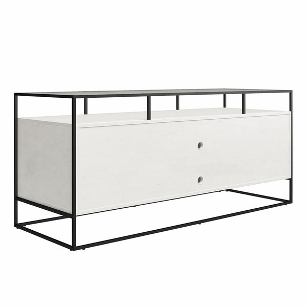 English Elm Camley Industrial Media Console with Fluted Glass Panels and Open Component Shelving B2733P444609