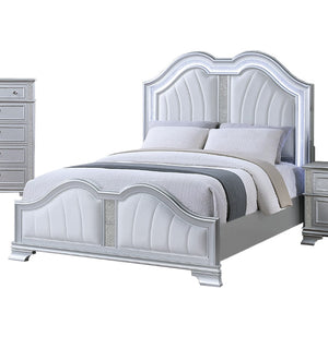 English Elm Contemporary Eastern King Bed with Led Headboard Usb Charging and Silver Upholstered Frame B011S02120