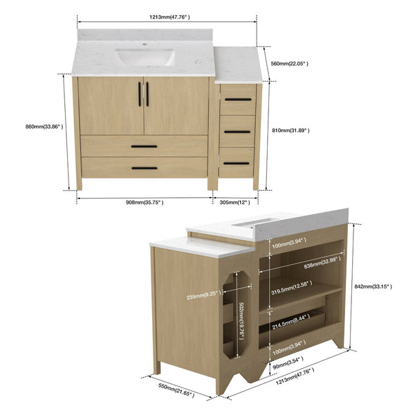 English Elm 108"w×22"d×34"h Freestanding Double Sink Vanity with White Countertop Soft Close T3785S00002