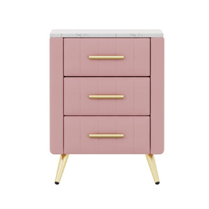 English Elm Upholstered Velvet Nightstand with Faux Marble Top Three Drawers and Slim Metal Legs Pink N733P208520H