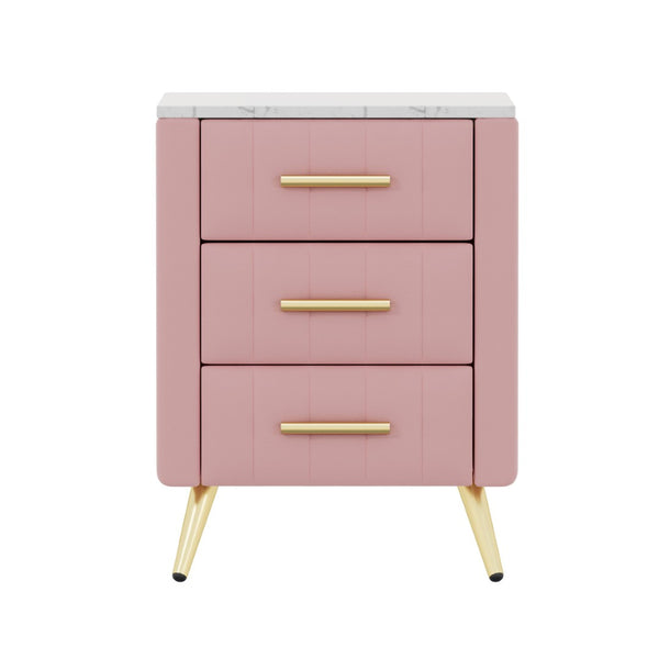 English Elm Upholstered Velvet Nightstand with Faux Marble Top Three Drawers and Slim Metal Legs Pink N733P208520H