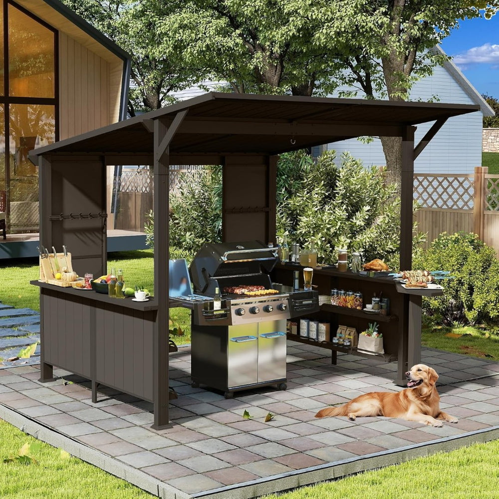 English Elm 9x10ft Hardtop Outdoor Grill Gazebo Galvanized Steel Canopy with Shelves for Patio Brown W1859S00181