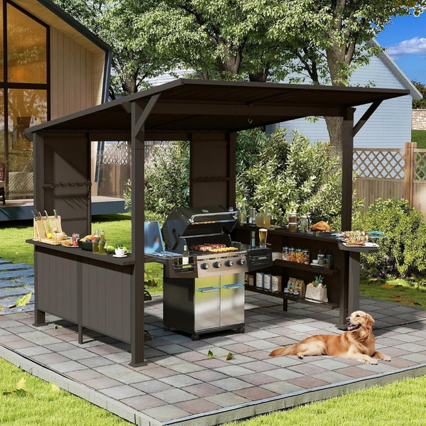 English Elm 9x10ft Hardtop Outdoor Grill Gazebo Galvanized Steel Canopy with Shelves for Patio Brown W1859S00181