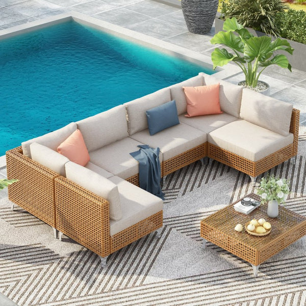 English Elm K&k 7 Piece Outdoor Modular Sectional Wicker Sofa Set with Tempered Glass Coffee Table Beige,Orange N707S000011Z