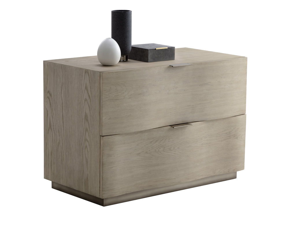 Sunpan Hoyos Nightstand - Elegant Light Oak Design with Warm Brass Handles and Soft-Close Drawers