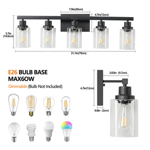 English Elm 31" Modern Black 5-Light Vanity Light Fixture - Industrial Wall Sconce With Glass Shades For Stylish Spaces W2312P374791