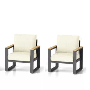 English Elm Set of 2 Powder-coated Aluminum Outdoor Armchairs with Ergonomic Reclined Cushioned Seats Beige+Black B082P455136