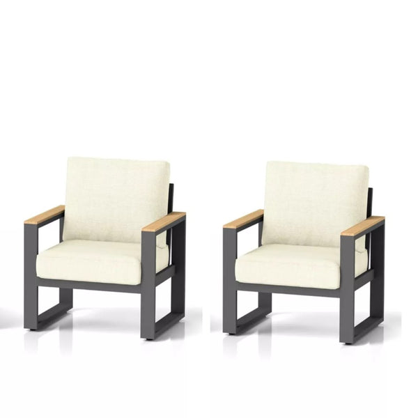 English Elm Set of 2 Powder-coated Aluminum Outdoor Armchairs with Ergonomic Reclined Cushioned Seats Beige+Black B082P455136