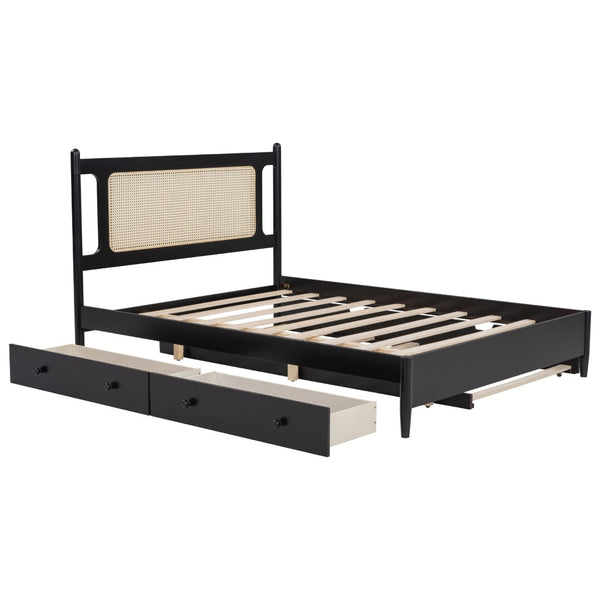 English Elm Queen Size Wooden Rattan Platform Bed With Spacious Storage Drawers & Twin Trundle In Espresso Finish N820S00002P-GIGA