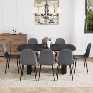 English Elm Table And Chair Set - Elegant Black Wood Grain Mdf Table With 8 Dark Gray Fabric Chairs For Dining W1151S04156-GIGA