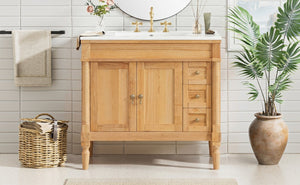English Elm 36" Freestanding Bathroom Vanity Solid Wood Cabinet with Ceramic Sink and Soft Close Storage N729P300165N