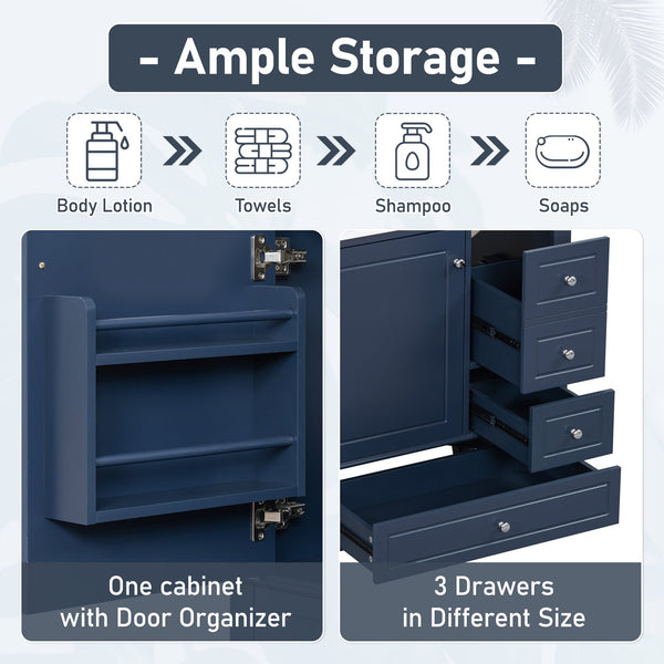 English Elm Christopher Knight Home® - 30" Freestanding Bathroom Vanity with Ceramic Sink, Soft-Close Door, Gold Knobs & 3 Drawers, Durable Painted Finish Blue N759P225994C