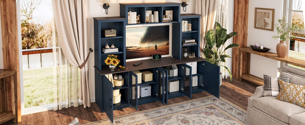 English Elm Wall Unit Entertainment Center with Built in Charging Mdf Media Console Open Shelving Blue W1580S00437