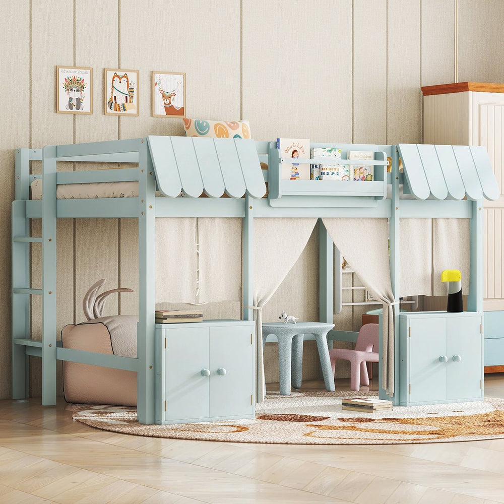 English Elm Full Loft Bed With Playful Cottage Design, Built-In Bookshelf, Curtain & Safety Guardrails For Kids W1580S00360